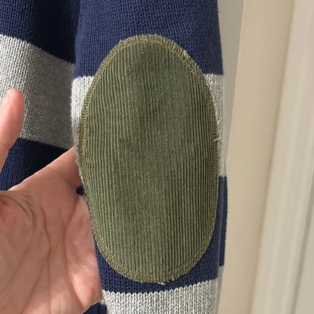 GAP Boys Gray and Navy Striped Sweater with Olive Green elbow patches Like New!